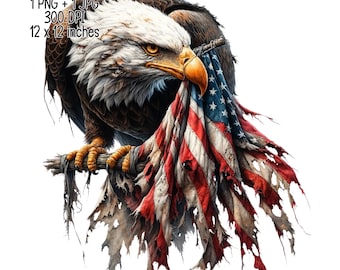 May include: A bald eagle with a fierce expression holds a tattered American flag in its beak. The flag is torn and faded, with red, white, and blue stripes. The eagle is perched on a branch, with its talons gripping the wood. The background is white.