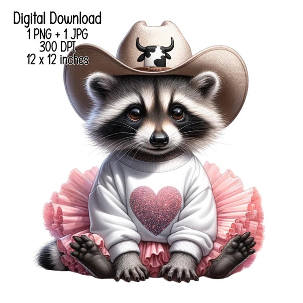 Cute adorable racoon in pink tutu Digital download baby racoon Clipart Commercial Use Sublimation designs illustration transparent PNG, JPG