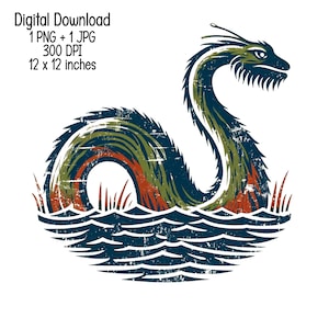 Vintage sfeer Monster van Loch Ness illustratie, digitale download, clipart PNG JPG
