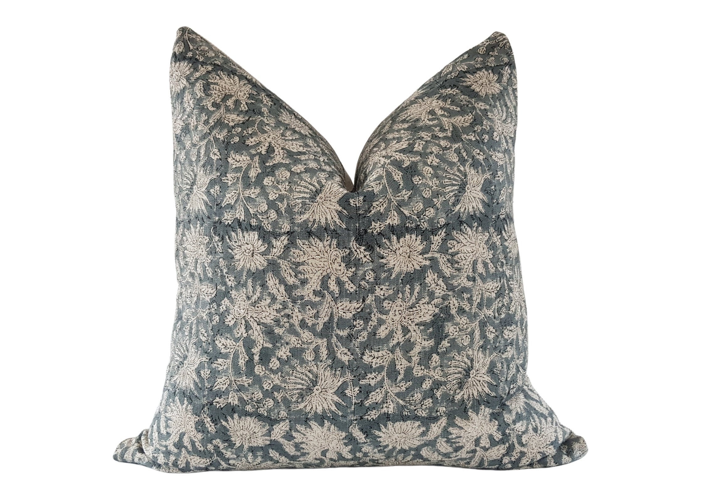 VERA | Grey Handblock Linen Cushion Cover, Floral Linen Pillow, Calif…