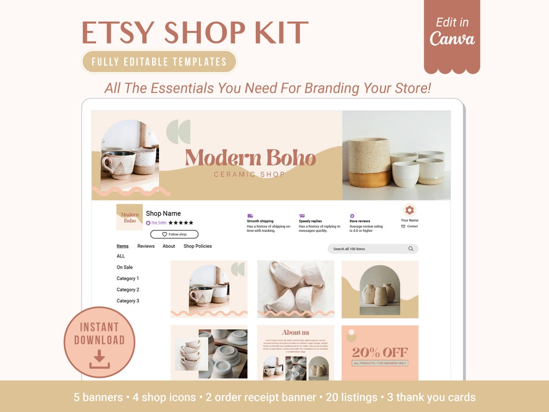 Modern Boho Etsy Shop Branding Kit: Canva Templates (digital Download ...