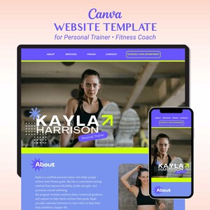 Puede incluir: Una plantilla de sitio web para un entrenador personal y entrenador físico, que se muestra en una tableta y un teléfono inteligente. El diseño presenta la imagen de una mujer, el nombre "Kayla Harrison" y el texto "About". La combinación de colores incluye morado, verde y blanco.