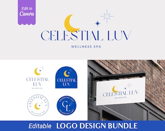 Könnte beinhalten: Ein Logo-Design-Paket für ein Wellness-Spa namens "Celestial Luv". Das Logo zeigt einen Halbmond, einen Stern und den Text "Celestial Luv" in einem blau-gelben Farbschema. Das Paket enthält vier verschiedene Logo-Varianten.