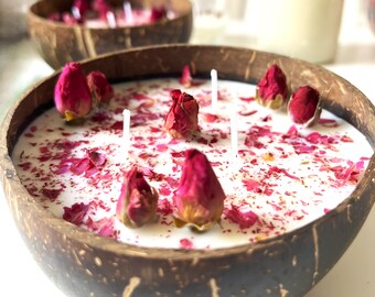 COCONUT CANDLE || Coconut & dried roses candle || Coconut candle with dried roses