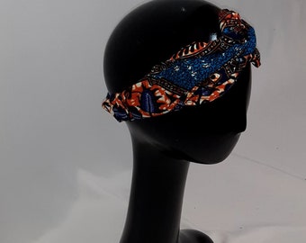 Azul, naranja estampado africano twist, nudo, diadema de diseño turbante.