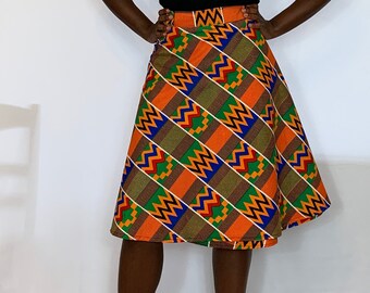 Full flare, circular Kente print wrap skirt for a flattering fit.