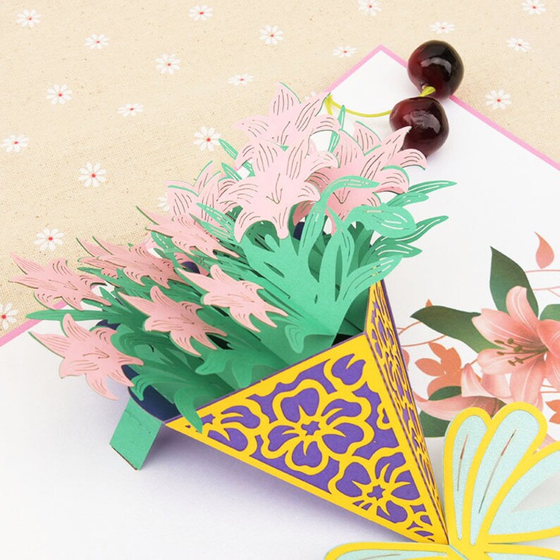Handmade pink flower bouquet 3D Pop Up Card 3D flower Birthday Popup Card 3D pink flower Greeting Card 3D mother/'s day valentine flower card