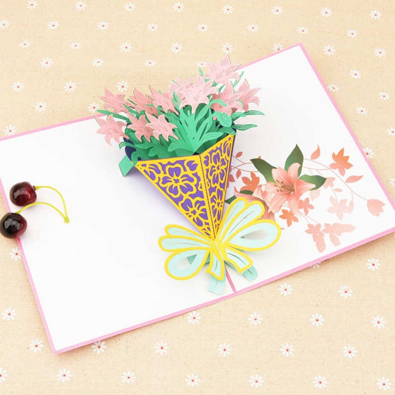 Handmade pink flower bouquet 3D Pop Up Card 3D flower Birthday Popup Card 3D pink flower Greeting Card 3D mother/'s day valentine flower card