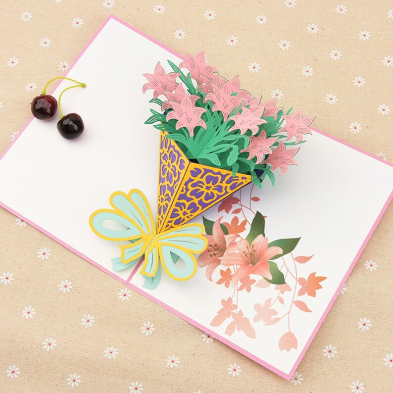 Handmade pink flower bouquet 3D Pop Up Card 3D flower Birthday Popup Card 3D pink flower Greeting Card 3D mother/'s day valentine flower card