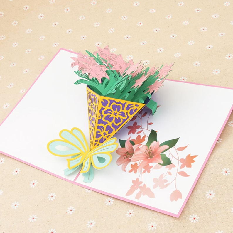 Handmade pink flower bouquet 3D Pop Up Card 3D flower Birthday Popup Card 3D pink flower Greeting Card 3D mother/'s day valentine flower card
