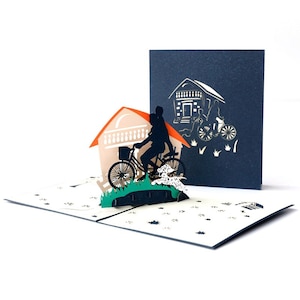 Bicicleta y perro hechos a mano 3D Pop Up Card 3D dalmacia cachorro Popup Card 3D cumpleaños pastel 3D 3D Saludo Popup Card 3D regalo pop up tarjeta paw print