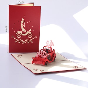 Carro de noiva feito à mão 3D Cartão pop-up de noivado 3D Cartão pop-up de casamento 3D Cartão de felicitações de carro de casamento 3D Cartão de presente de aniversário de carro de noiva