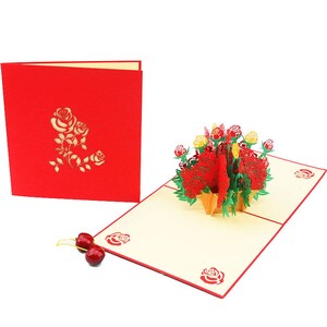 Cesta de flores 3D Pop Up Card 3D rosas rojas Popup Card 3D aniversario boda tarjeta 3D Popup saludos tarjeta 3D Popup tarjeta de día de la madre