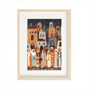 May include: A framed art print featuring a colorful illustration of a town scene with people in traditional attire. The artwork has a night sky background with stars and detailed buildings in shades of brown, blue, and orange. The people are standing in front of the buildings.