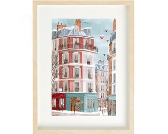 Paris Winter Corner Download, Romantische Schneebedeckte Gebäude mit Herzen, Gemütliche Französische Straße