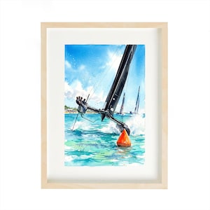 May include: Watercolor painting of a sailboat racing on turquoise water under a blue sky. The black sailboat is in motion, creating white water. An orange buoy floats in the water. The artwork is framed in a light wood frame.