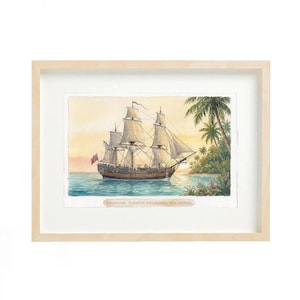 Op de afbeelding: Een ingelijste aquarel van een zeilschip op zee, met palmbomen aan de rechterkant. Het schip heeft meerdere zeilen en een rode vlag. De tekst "ENDEAVOUR - SCIENTIFIC EXPLORATION, 18TH CENTURY" staat onderaan. De lijst is van licht hout.