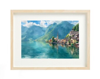 Descarga del pueblo alpino de Hallstatt, reflejo brillante en la montaña, paisaje escénico austriaco