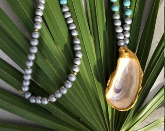 Gray and Turquoise Beaded Oyster Shell Necklace