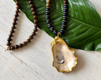 Brown and Navy Beaded Oyster Shell Necklace