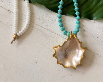 White and Turquoise Beaded Oyster Shell Necklace