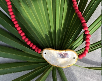Coral Wooden Bead Oyster Shell Necklace