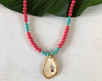 Coral and Turquoise Beaded Oyster Shell Necklace