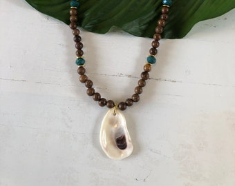 Brown and Blue Beaded Oyster Shell Necklace