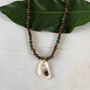 Brown and Blue Beaded Oyster Shell Necklace