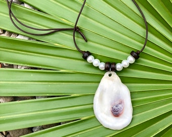 Leather and Pearl Oyster Necklace