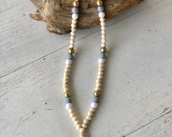 Oyster Shell Necklace with Natural Wooden Beads