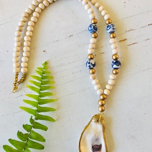Oyster Shell Necklace with Wood Beads and Chinoiserie Glass Beads