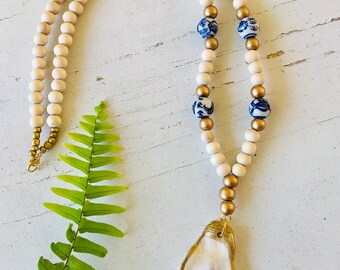 Oyster Shell Necklace with Wood Beads and Chinoiserie Glass Beads