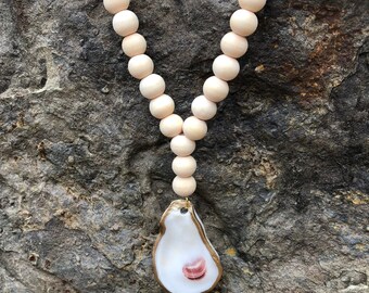Oyster Shell Necklace with Natural Wooden Beads
