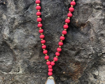 Coral Beaded Necklace with Oyster Shell Pendant