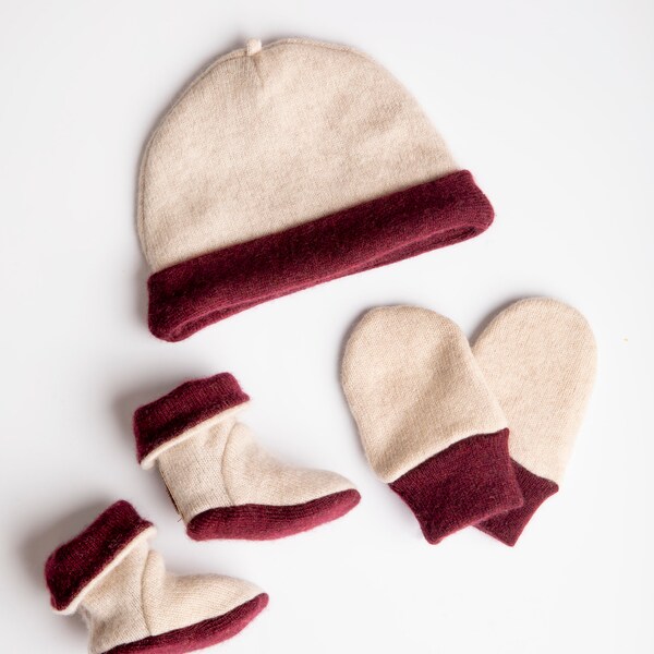 Baby Sets - Hat, Mittens and Boots in Red or Gray, Softest and Warmest Cashmere