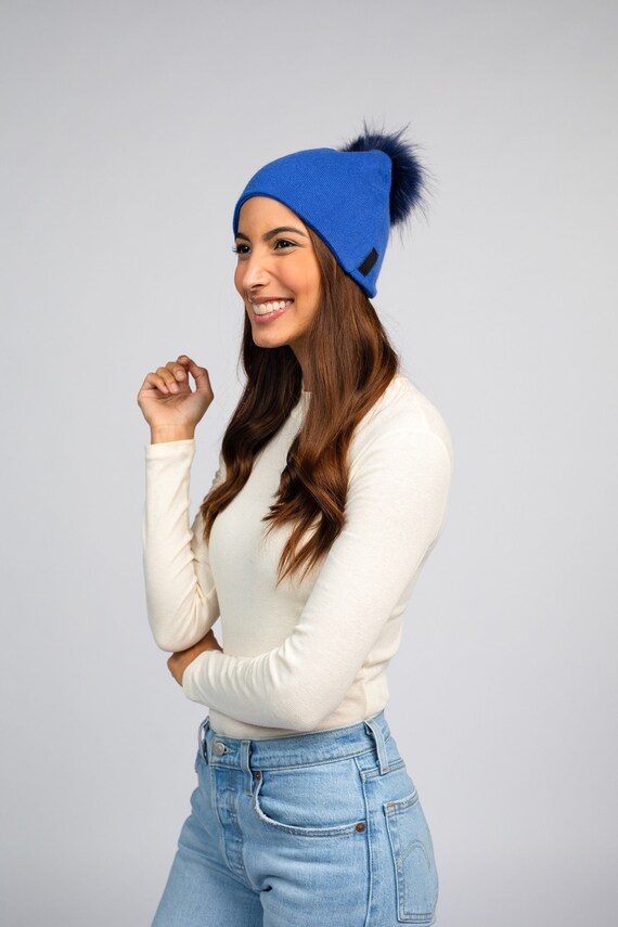 Royal Blue Beanie With Navy Blue Pompom 