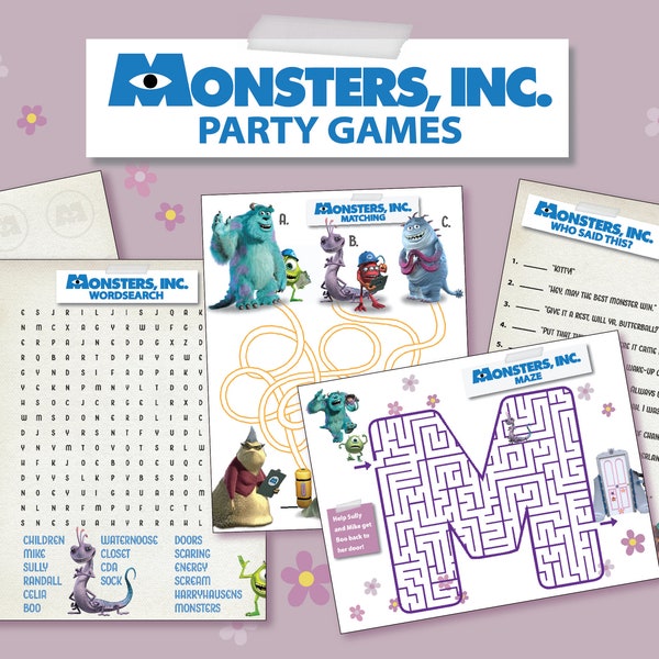 Monster's Inc. Printable Birthday Party Games - Quiz, Wordsearch, Guessing, Maze