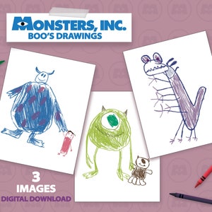 Monsters, Inc. Boo's Drawings of Sully Mike & Randall - Print From Home Digital Download Party Decoration Printables
