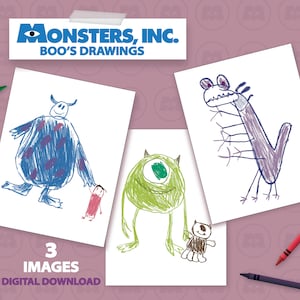 May include: Three digital images of drawings by a child. The drawings depict characters from the movie Monsters, Inc. The first image shows a blue monster with purple spots holding the hand of a small red figure. The second image shows a green monster with one large eye holding the hand of a brown figure. The third image shows a purple monster with a long neck and many legs.