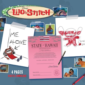 May include: A digital download featuring Disney's Lilo & Stitch branding, including a pink State of Hawaii document, a drawing of a red creature with the text Good and Bad, a drawing with the text Me Alone, and several small character photos.