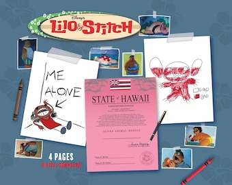 Hawaiian Girl and Blue Dog Alien Adoption Paper, Me Alone Drawing, Badness Level Drawing, Birthday Party Prop Replica - Digital Download