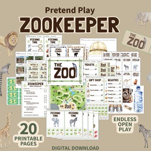 May include: A digital download of a pretend play Zookeeper set with 20 printable pages. The set includes zoo tickets, a zoo map, feeding time signs, and illustrations of zoo animals like elephants, zebras, and lions.