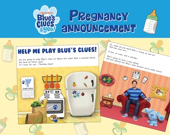 Può includere: Una grafica "Annuncio di gravidanza" con personaggi di "Blue's Clues & You!". L'immagine include testo, un calendario, un frigorifero e una persona seduta su una sedia. L'annuncio riguarda un nuovo fratello.