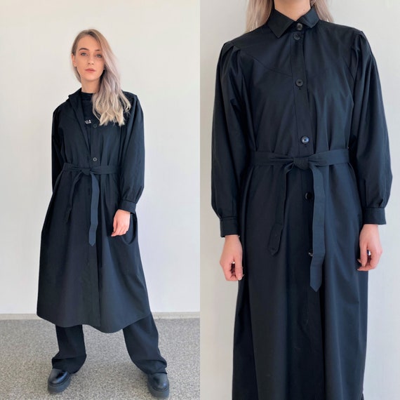 Vintage 90s Minimalist Black Women Long Trench Coa