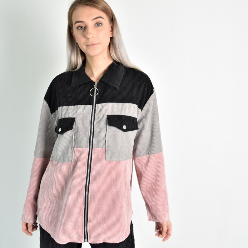 Y2K Pink Black Grey Corduroy Long Sleeve Blouse