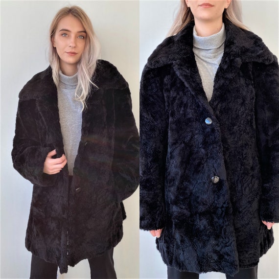 Vintage 90s Faux Fur Black Coat Women Winter Coat
