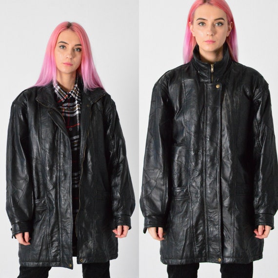 Vintage 90s Abstract Zip Leather Coat Women Leath