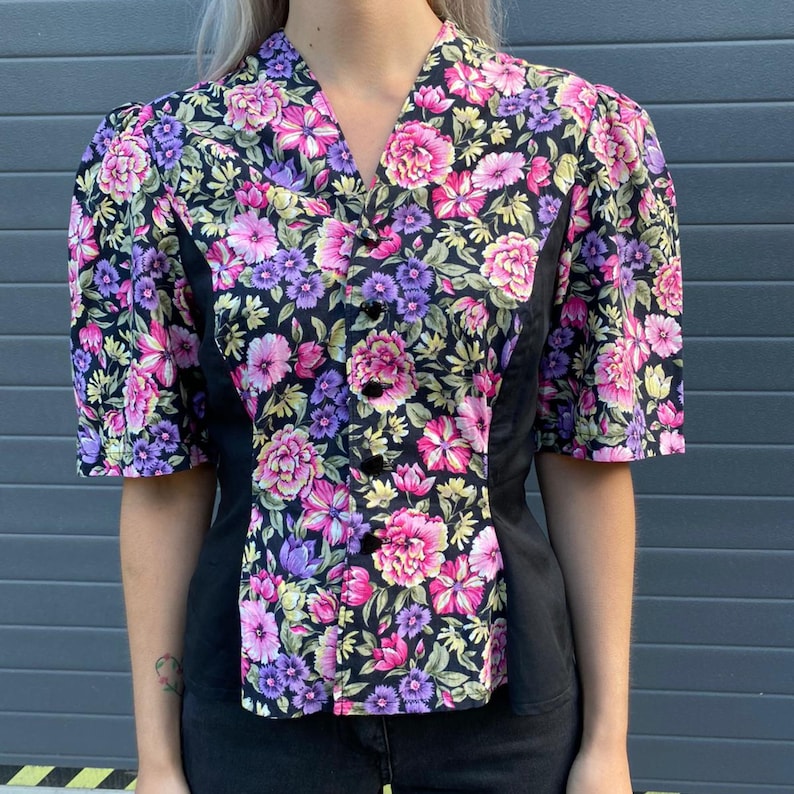 Vintage Womens 80s Black Flower Print Colorful Puff Sleeve Blouse