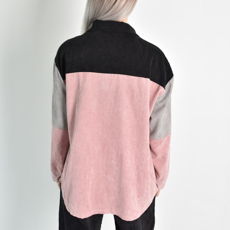 Y2K Pink Black Grey Corduroy Long Sleeve Blouse
